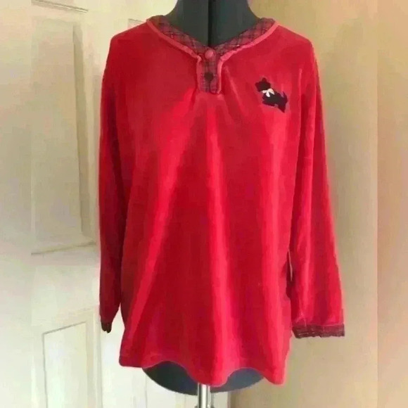 90S ASHLEY TAYLOR RED VELOUR PJ TOP SCOTTISH TERRIER WOMEN MEDIUM - Picture 1 of 5